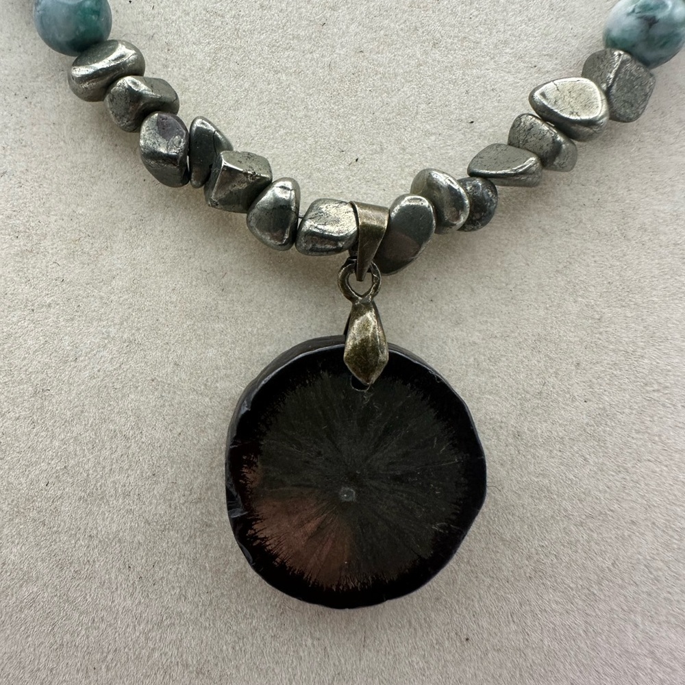 Pyrite and Jade Beaded Necklace with Pyrite Sun Pendant - Picture 7 of 12